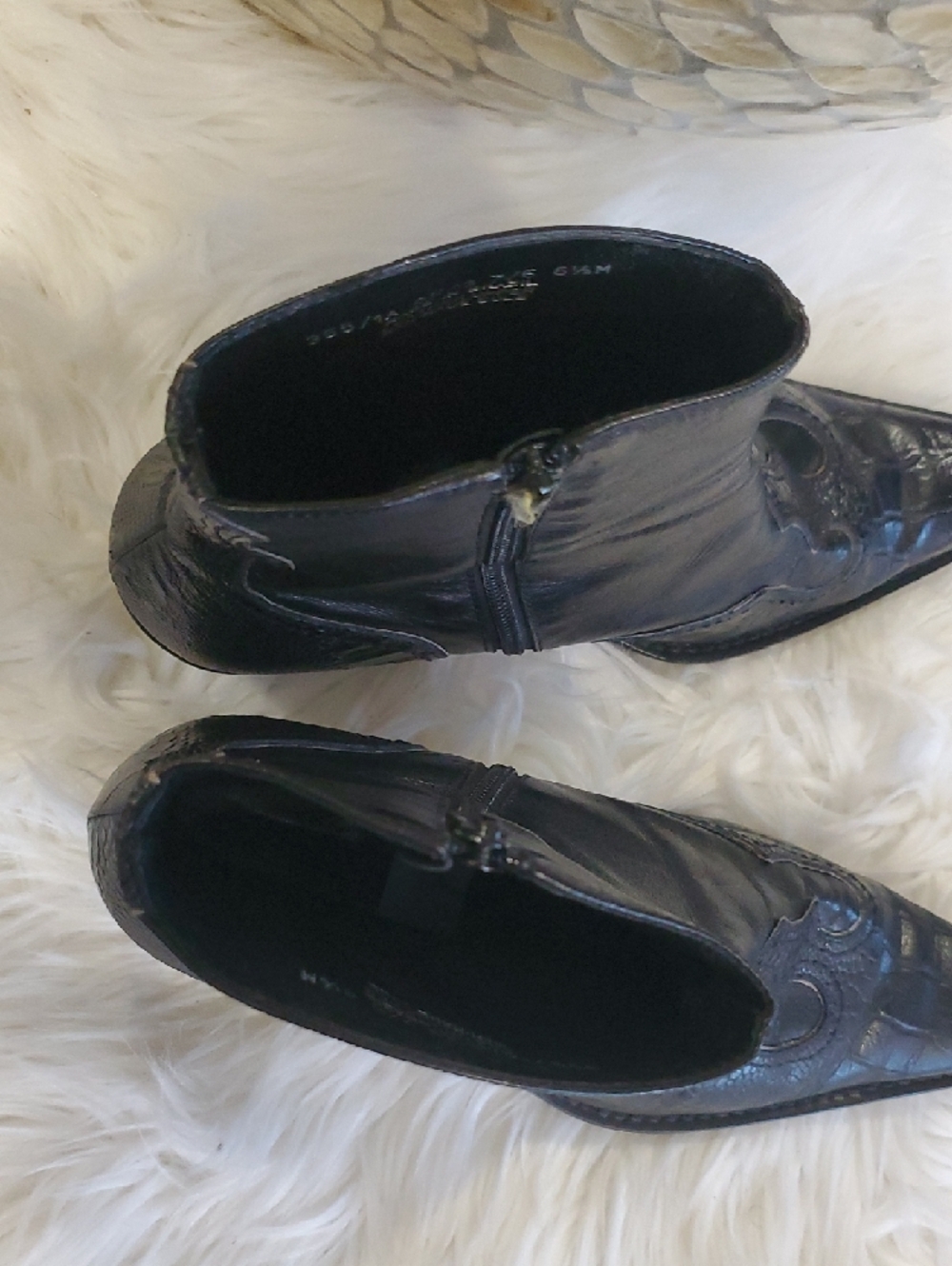 Franco Sarto Black Pointed Leather Ankle Booties with Embossed Toe - Picture 8 of 14